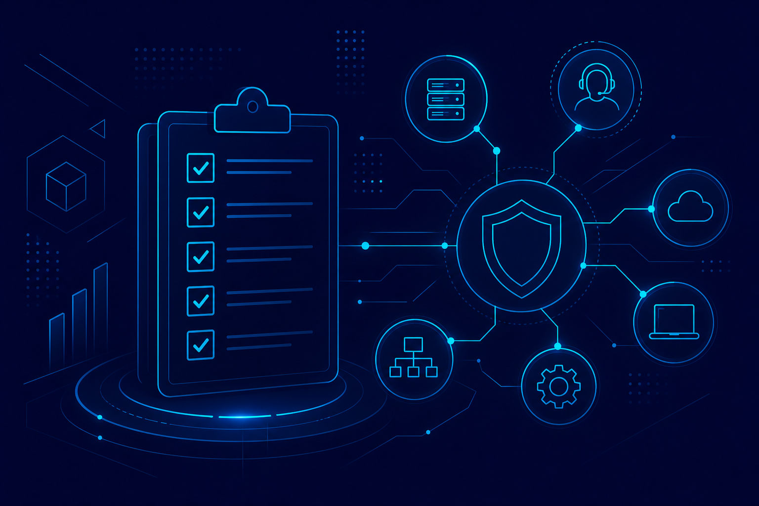 Abstract cyan checklist and connected managed IT service icons for evaluating a provider