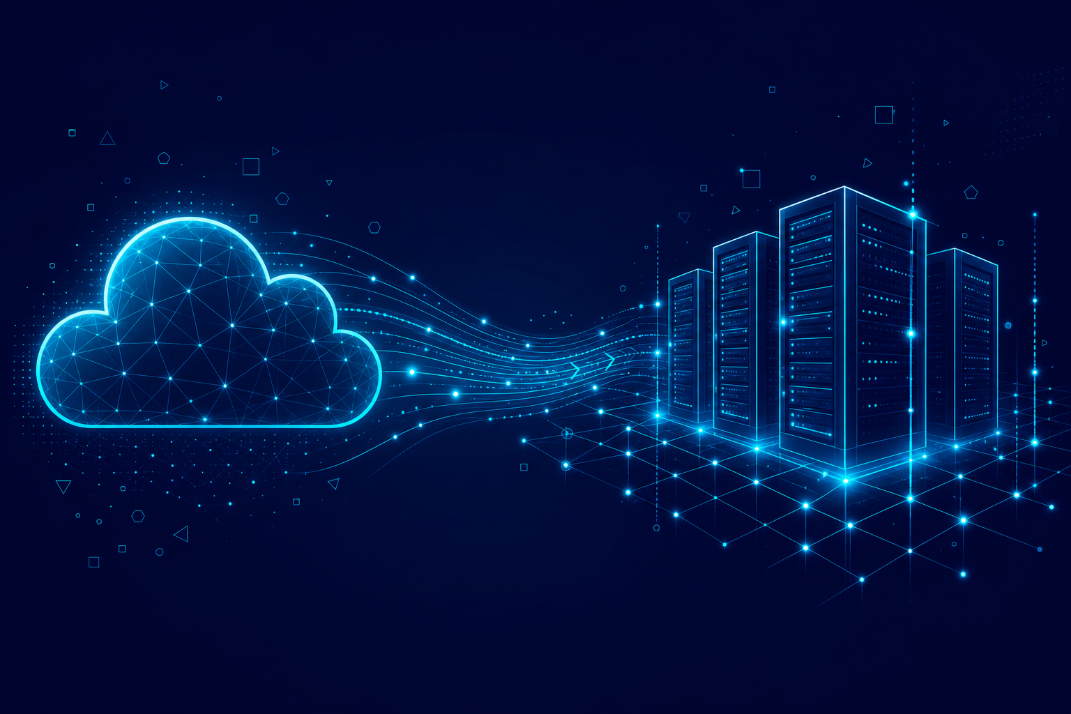 Abstract cyan cloud and server infrastructure showing hybrid cloud and on premises IT choices