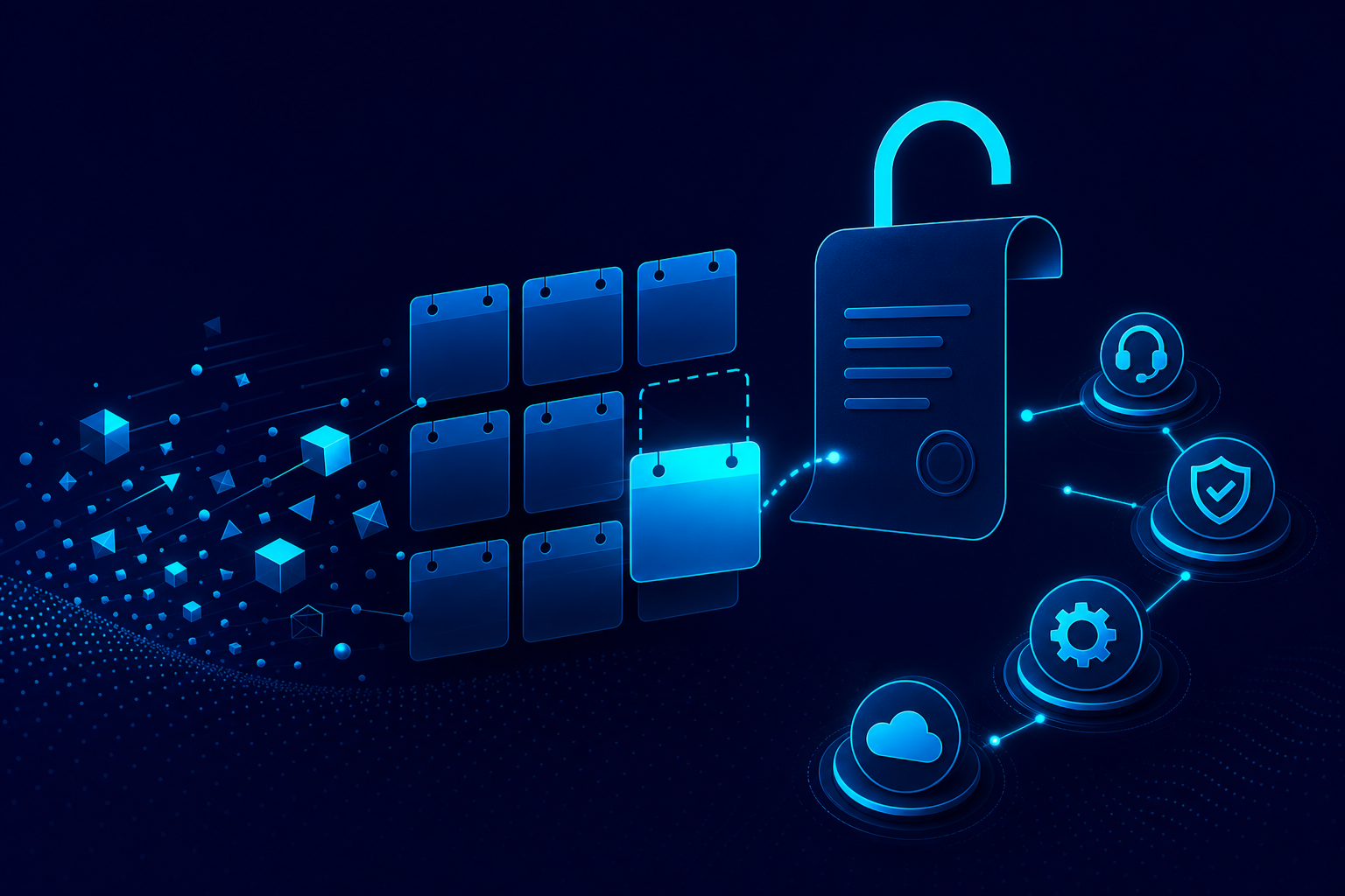 Abstract unlocked contract and calendar tiles showing flexible month to month IT services