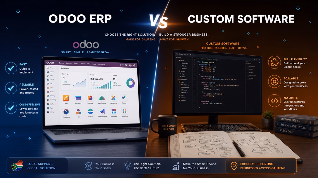 Odoo ERP modules on a laptop beside custom workflow sketches — modular ERP versus rigid suites