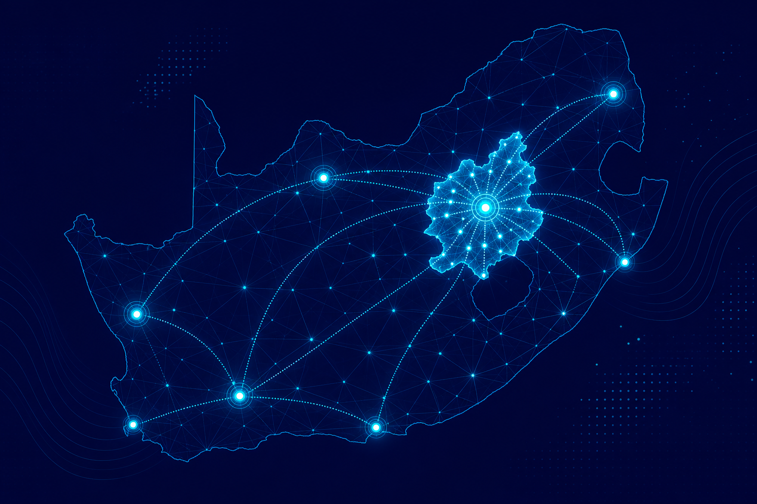 Abstract South Africa partner network map with a bright Gauteng technology hub
