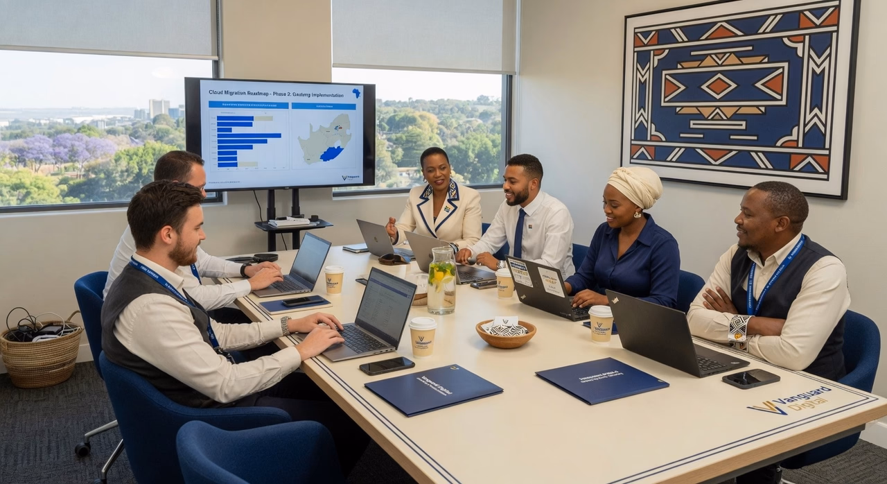 Six colleagues around a conference table with laptops, reviewing a Gauteng implementation slide on a wall screen