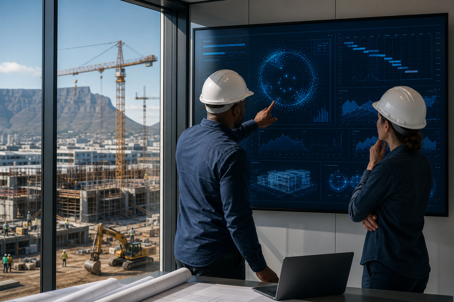 Construction project managers reviewing AI project dashboards beside an active build site