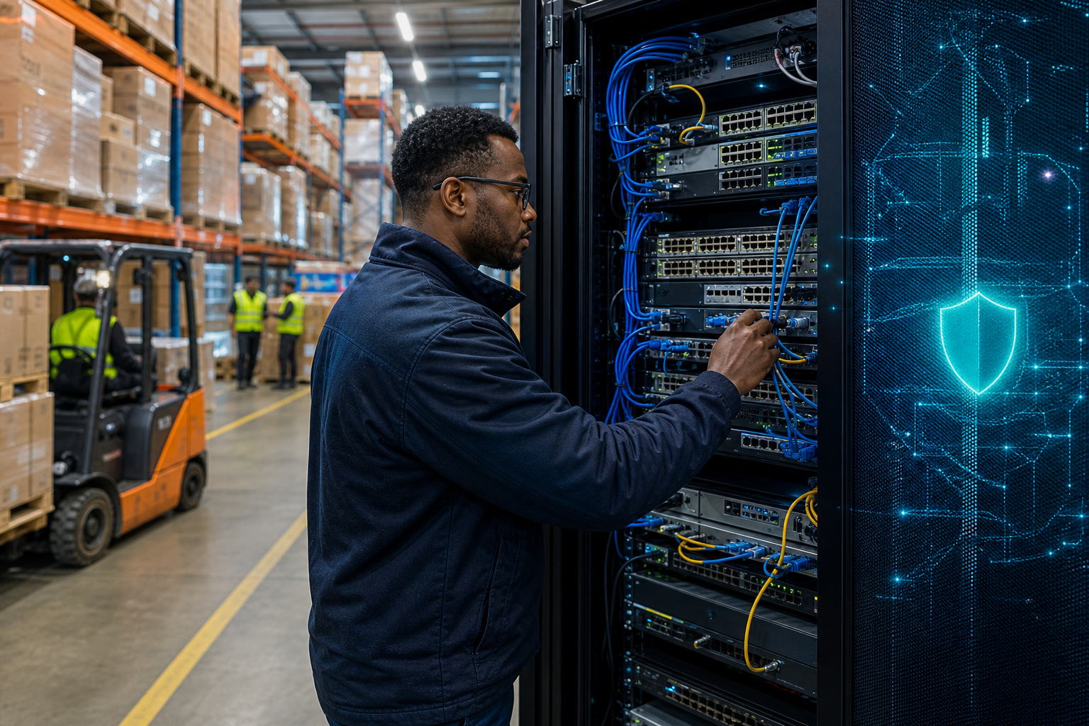 Midrand distribution centre technician working on network rack with cybersecurity monitoring