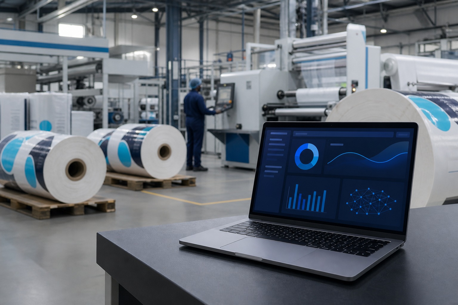 Flexible packaging production floor with IT dashboard supporting Flexweb managed services and website transformation
