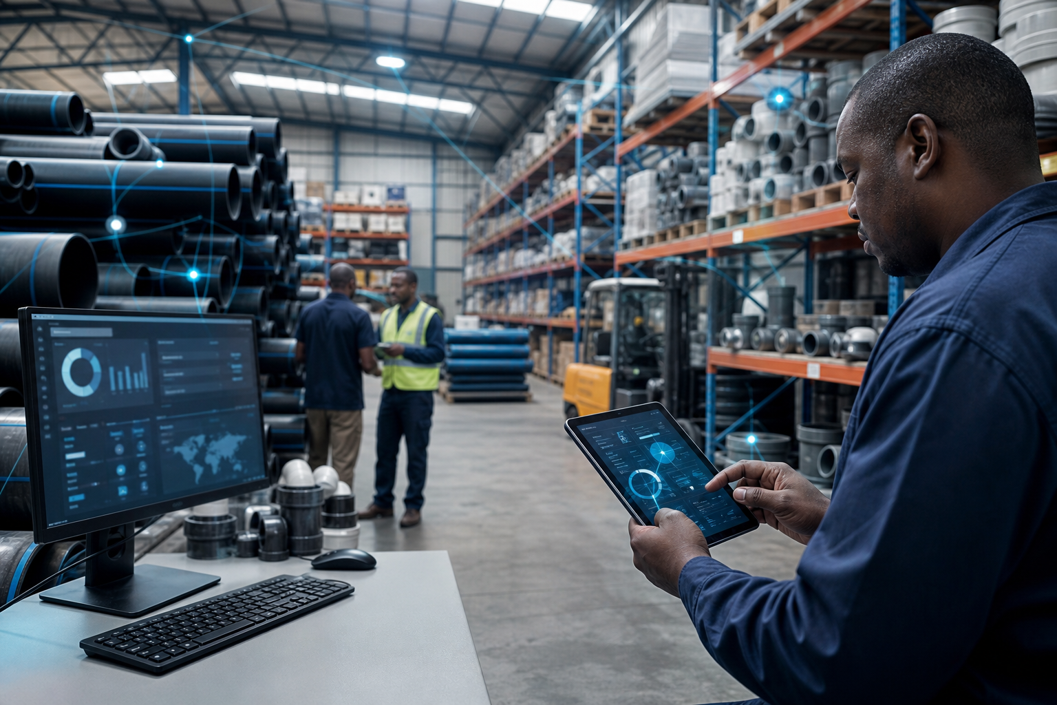 HDPE plumbing wholesale warehouse with inventory dashboard and managed IT support tools