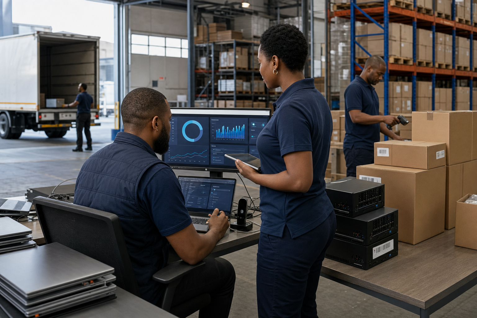 Johannesburg logistics team managing procured hardware and asset tracking dashboards