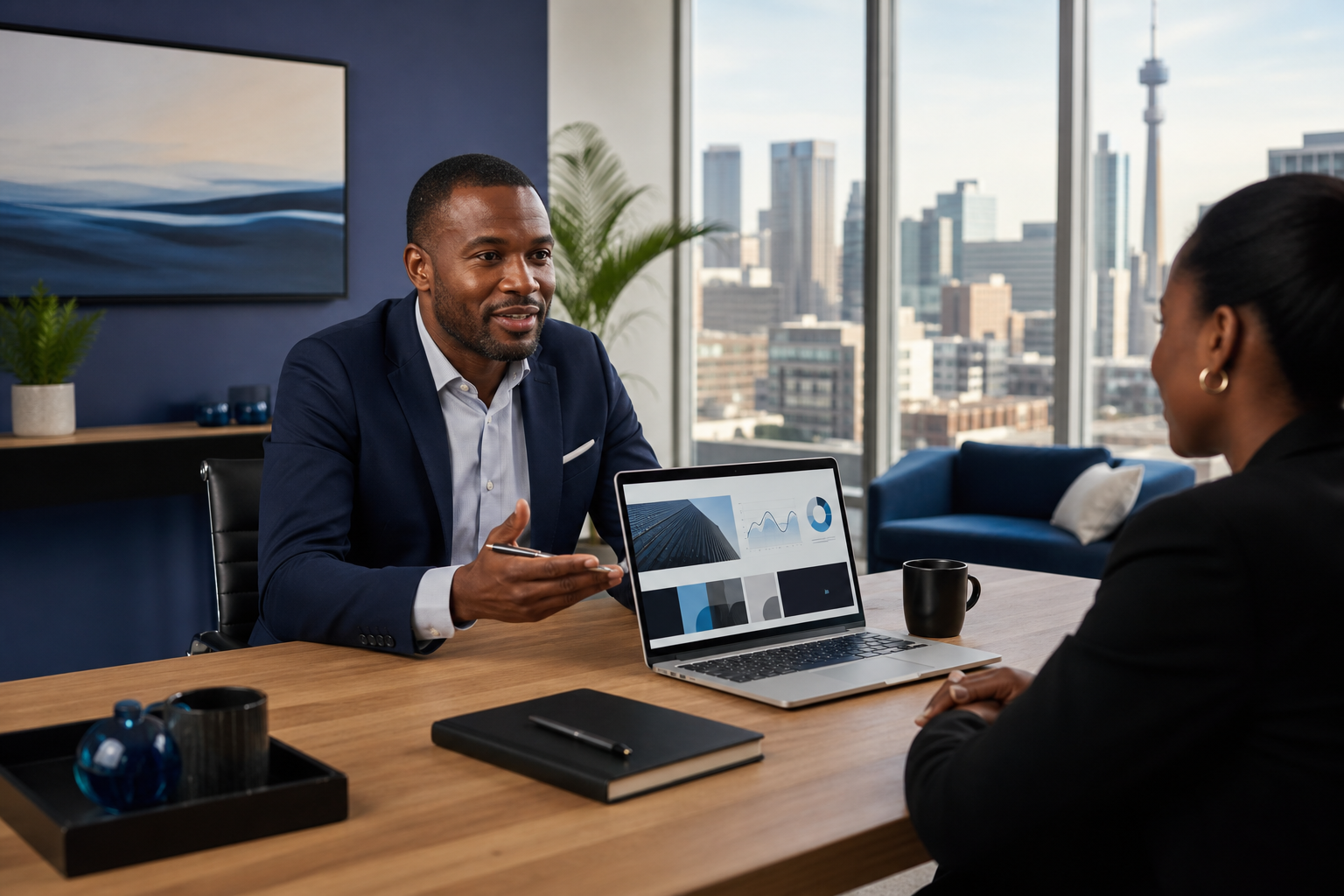 Johannesburg financial advisor reviewing a new website and analytics dashboard with a client