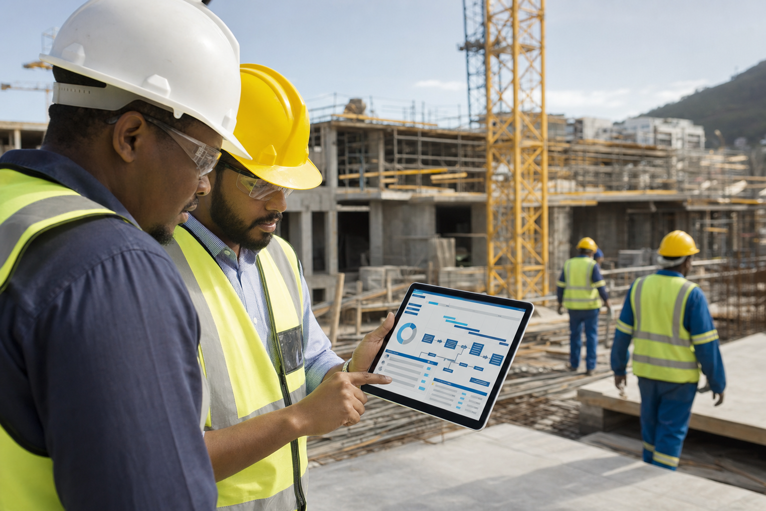 Construction field team using an ERP tablet for scheduling and national project coordination