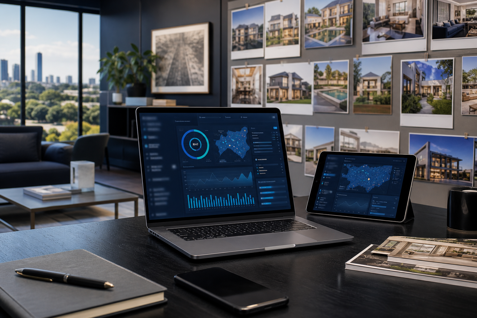 Estate agency office with auction tracking and property intelligence dashboards