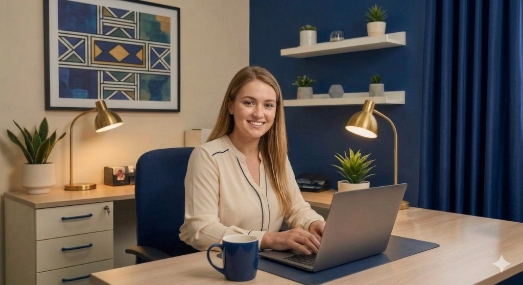 Leonie Joubert at her desk with laptop and Hermes workflow setup for Property Cafe Real Estate billing automation
